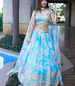 sky blue organza embroidered lehenga choli with dupatta