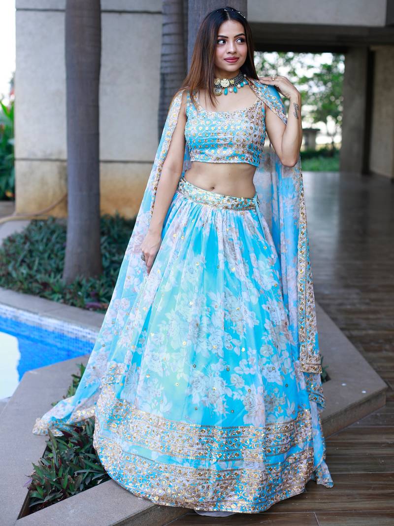 sky blue organza embroidered lehenga choli with dupatta