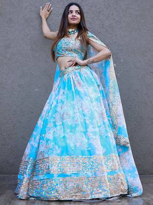 sky blue organza embroidered lehenga choli with dupatta 2