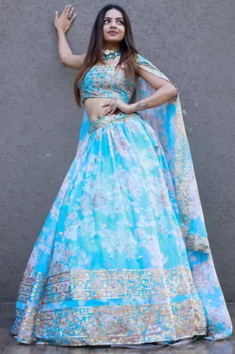sky blue organza embroidered lehenga choli with dupatta
