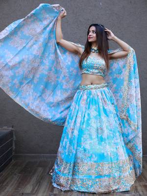 sky blue organza embroidered lehenga choli with dupatta 3