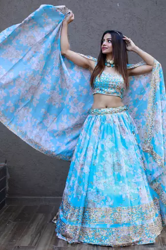 sky blue organza embroidered lehenga choli with dupatta