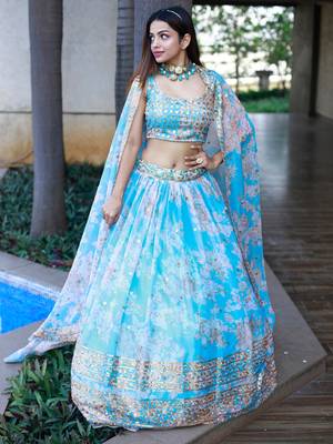 sky blue organza embroidered lehenga choli with dupatta 4