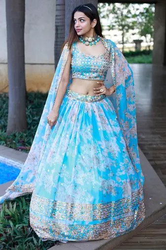 sky blue organza embroidered lehenga choli with dupatta