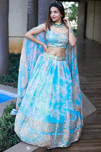 sky blue organza embroidered lehenga choli with dupatta