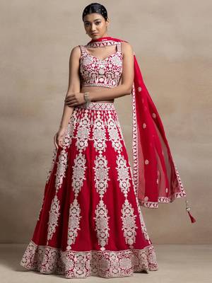 red georgette embroidered lehenga choli with dupatta 1