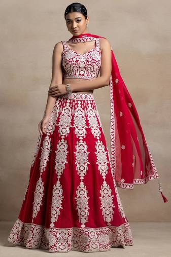 red georgette embroidered lehenga choli with dupatta