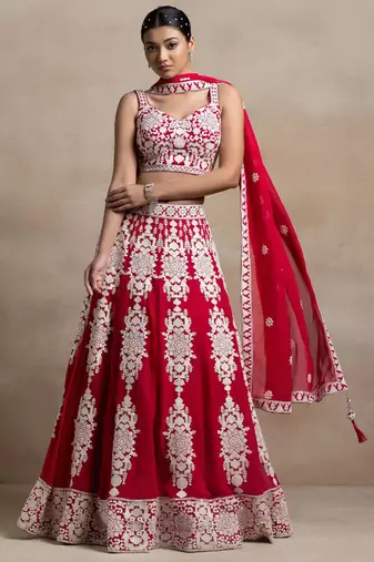 red georgette embroidered lehenga choli with dupatta