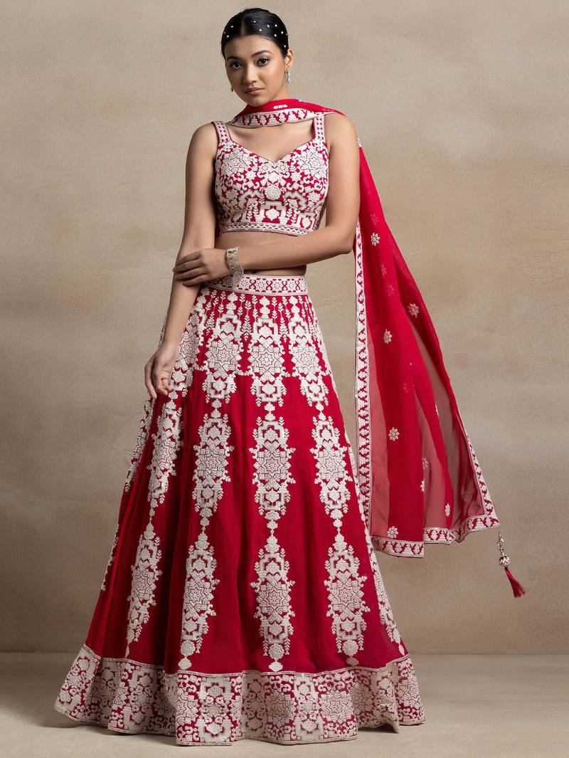 red georgette embroidered lehenga choli with dupatta