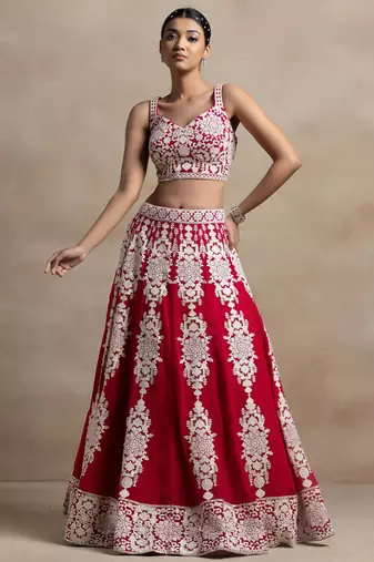 red georgette embroidered lehenga choli with dupatta