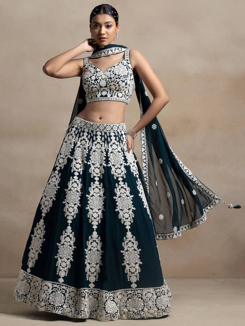 turquoise georgette embroidered lehenga choli with dupatta