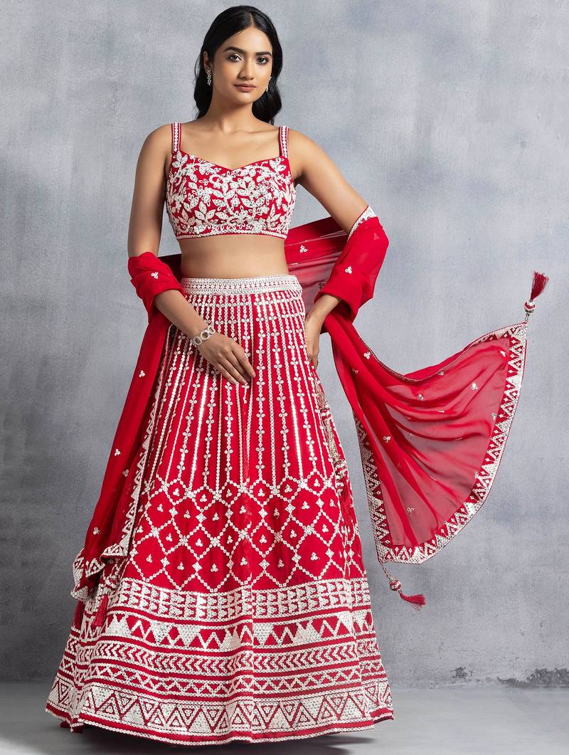 red georgette embroidered lehenga choli with dupatta