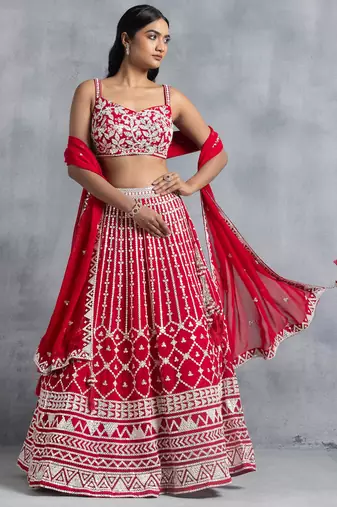 red georgette embroidered lehenga choli with dupatta