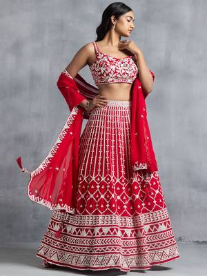 red georgette embroidered lehenga choli with dupatta 3