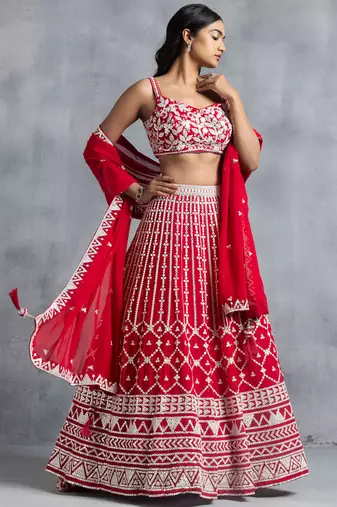 red georgette embroidered lehenga choli with dupatta