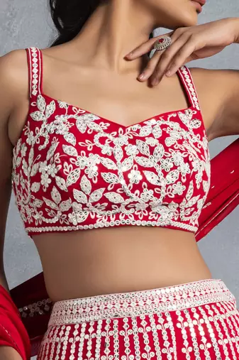 red georgette embroidered lehenga choli with dupatta