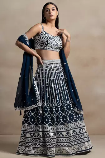 blue georgette embroidered lehenga choli with dupatta