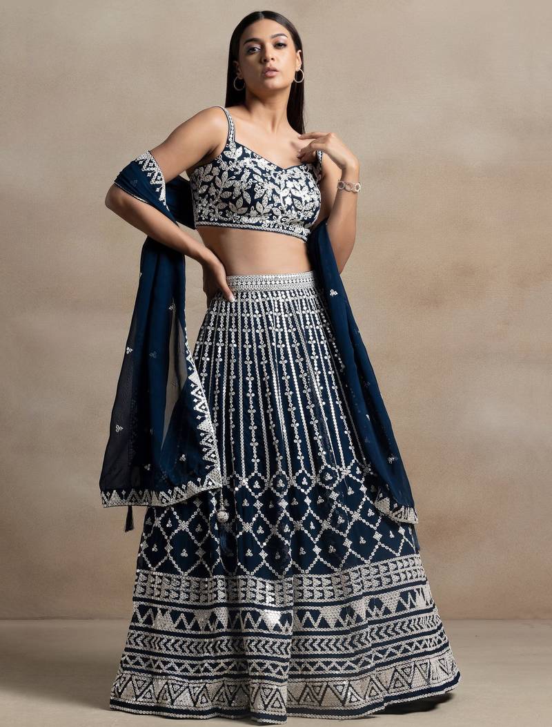 blue georgette embroidered lehenga choli with dupatta