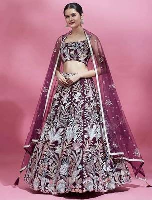 wine net embroidered lehenga choli with dupatta 1