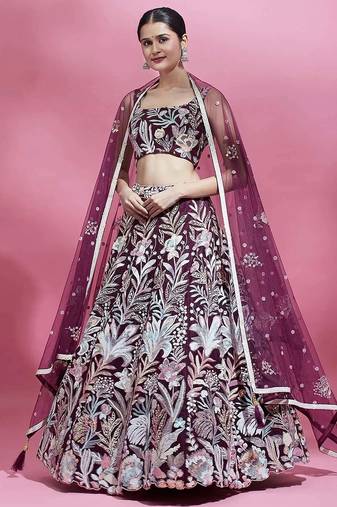 wine net embroidered lehenga choli with dupatta