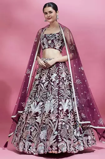 wine net embroidered lehenga choli with dupatta