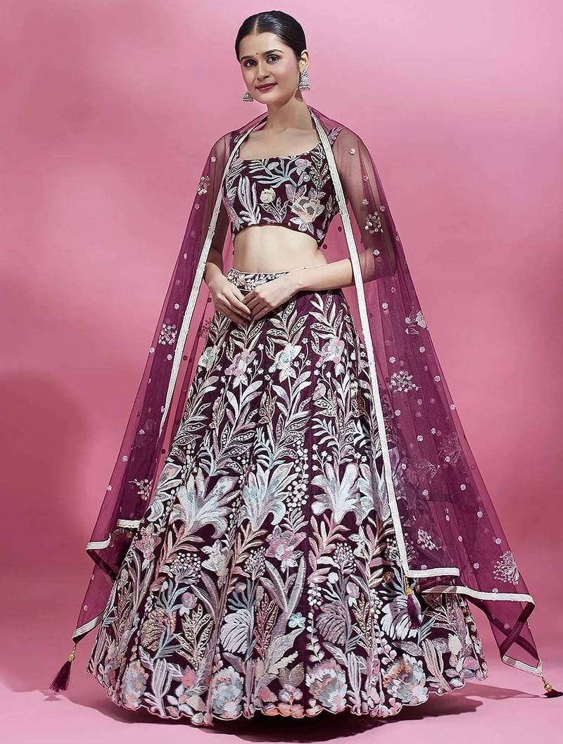wine net embroidered lehenga choli with dupatta