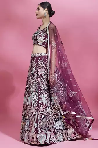 wine net embroidered lehenga choli with dupatta