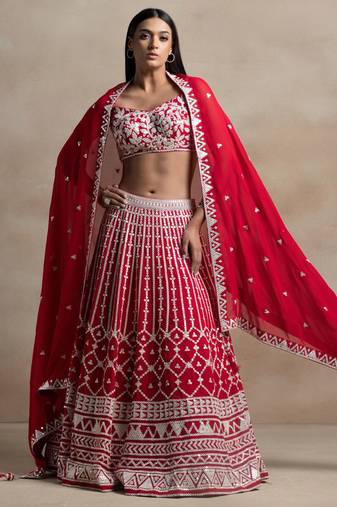 red georgette embroidered lehenga choli with dupatta
