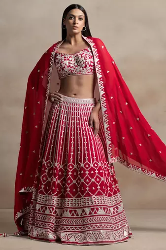 red georgette embroidered lehenga choli with dupatta
