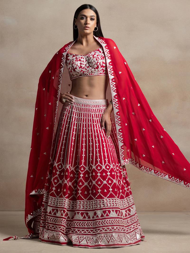 red georgette embroidered lehenga choli with dupatta