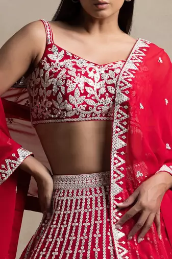 red georgette embroidered lehenga choli with dupatta