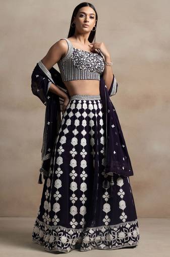 dark purple georgette embroidered lehenga choli with dupatta