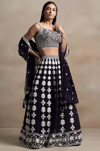 dark purple georgette embroidered lehenga choli with dupatta