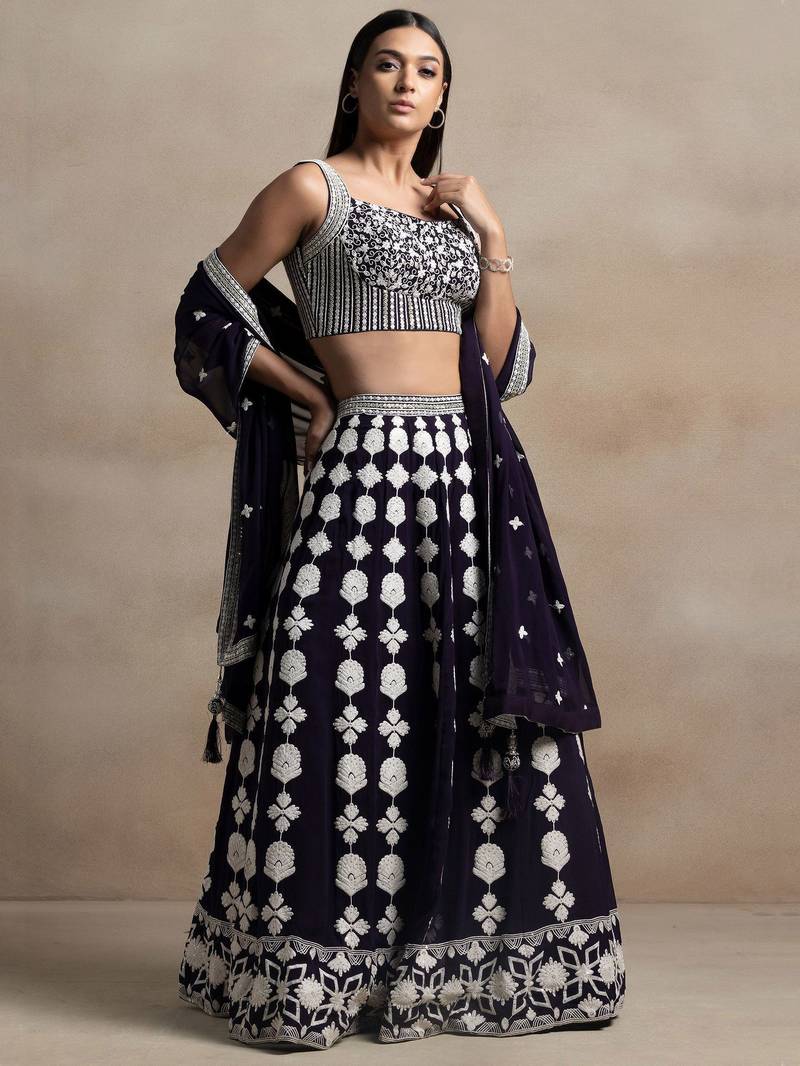 dark purple georgette embroidered lehenga choli with dupatta