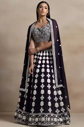dark purple georgette embroidered lehenga choli with dupatta
