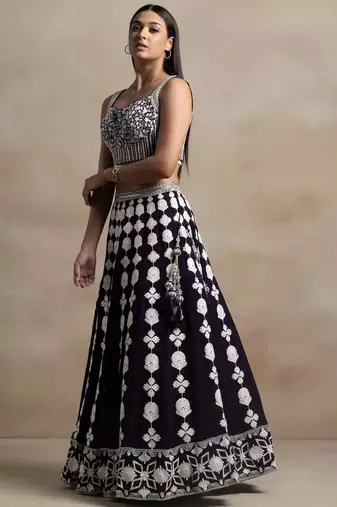 dark purple georgette embroidered lehenga choli with dupatta