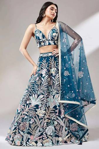 teal blue net embroidered lehenga choli with dupatta