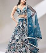 teal blue net embroidered lehenga choli with dupatta