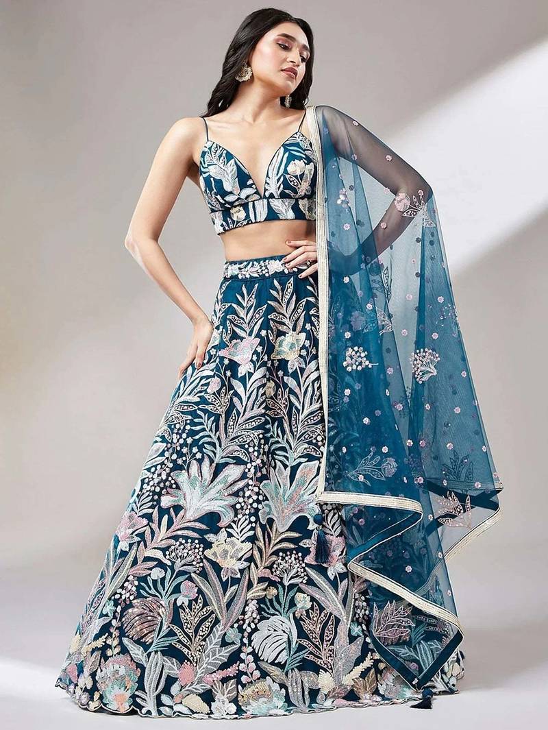 teal blue net embroidered lehenga choli with dupatta