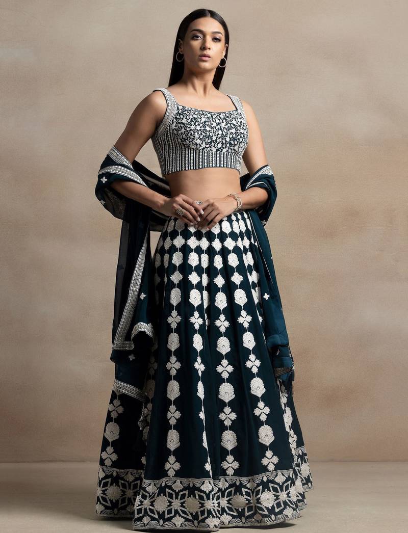 turquoise georgette embroidered lehenga choli with dupatta