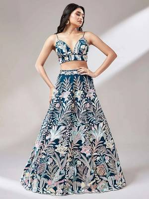 teal blue net embroidered lehenga choli with dupatta 2