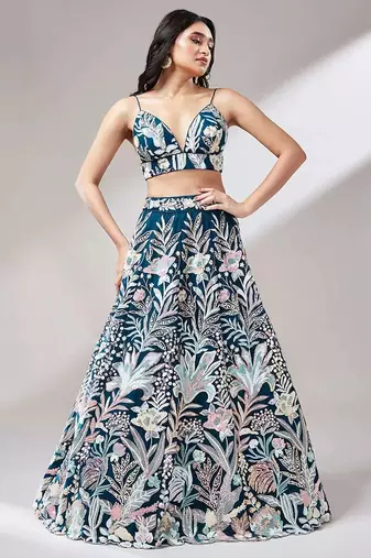 teal blue net embroidered lehenga choli with dupatta