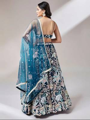 teal blue net embroidered lehenga choli with dupatta 3