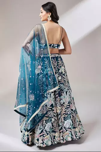 teal blue net embroidered lehenga choli with dupatta