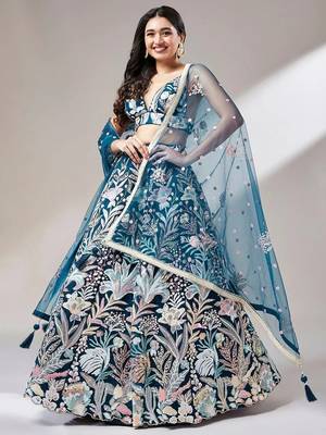 teal blue net embroidered lehenga choli with dupatta 4