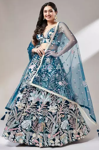 teal blue net embroidered lehenga choli with dupatta