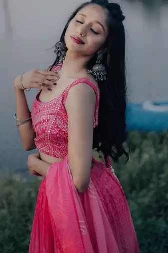 pink organza embroidered lehenga choli with dupatta