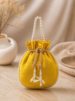 yellow pearl embroidered potli bag  2