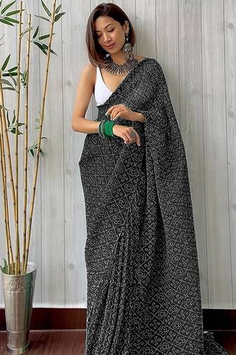 black bandhani georgette saree with unstitched blouse