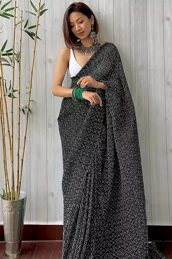 black bandhani georgette saree with unstitched blouse